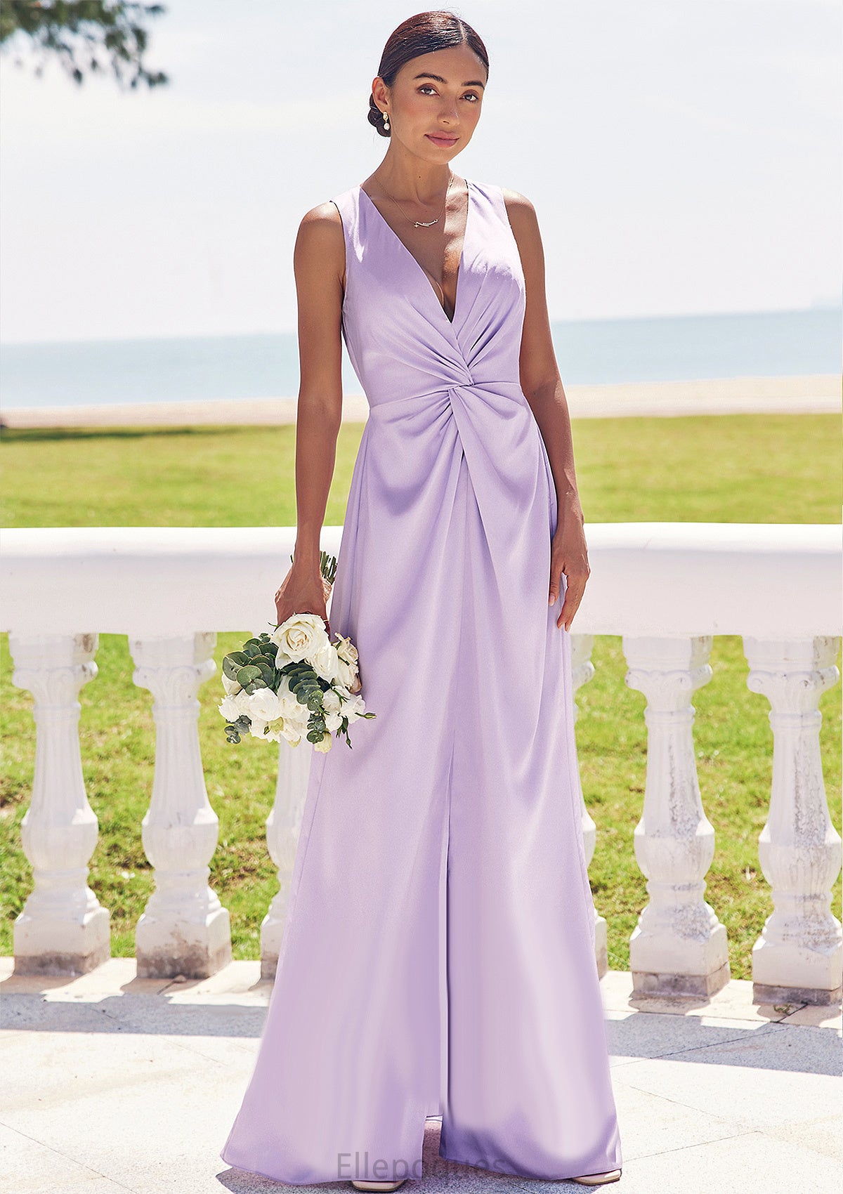 A-line V Neck Sleeveless Floor-Length Stretch Satin Bridesmaid Dresses with Pleated Split Madelyn HOP0025276