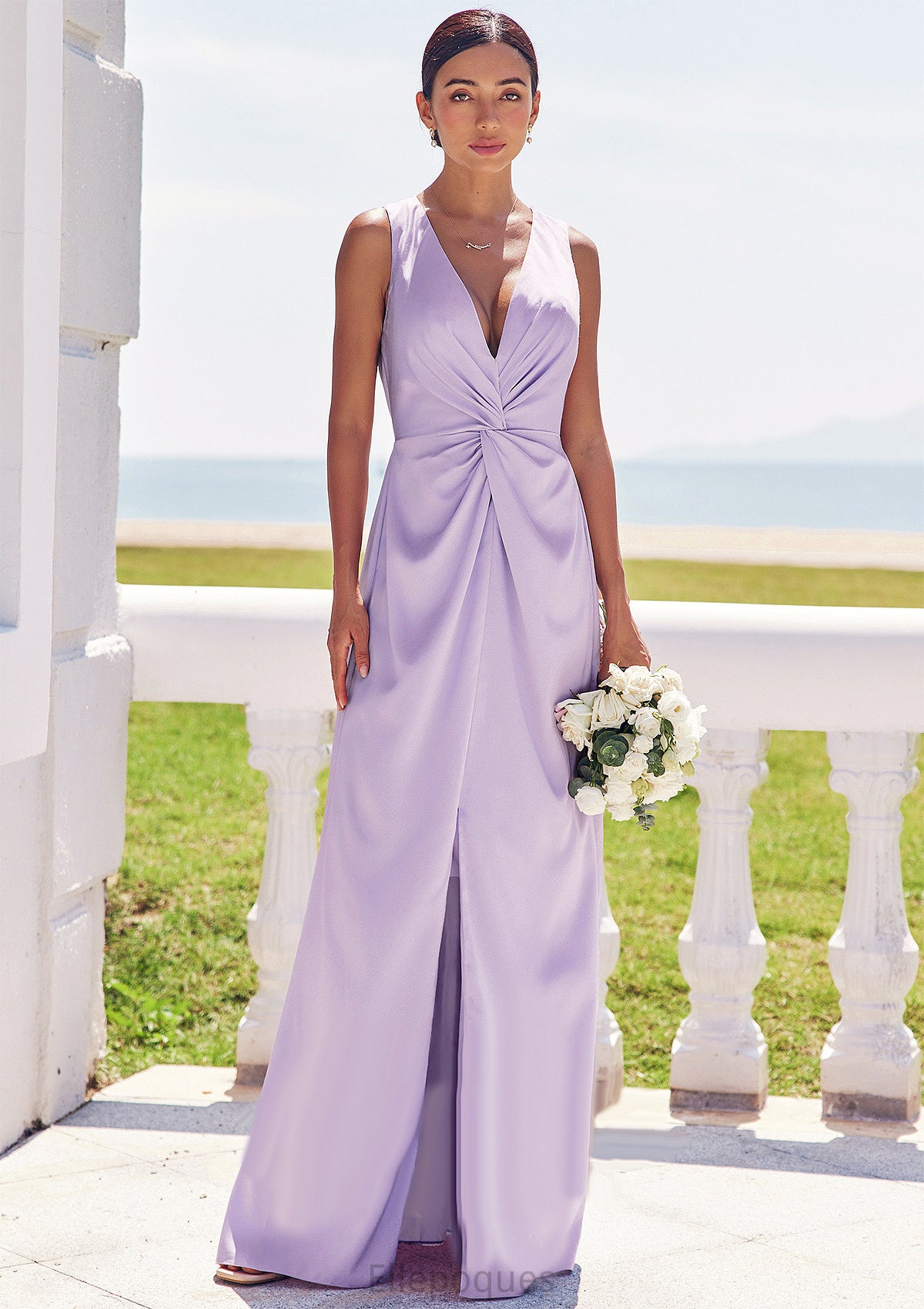 A-line V Neck Sleeveless Floor-Length Stretch Satin Bridesmaid Dresses with Pleated Split Madelyn HOP0025276