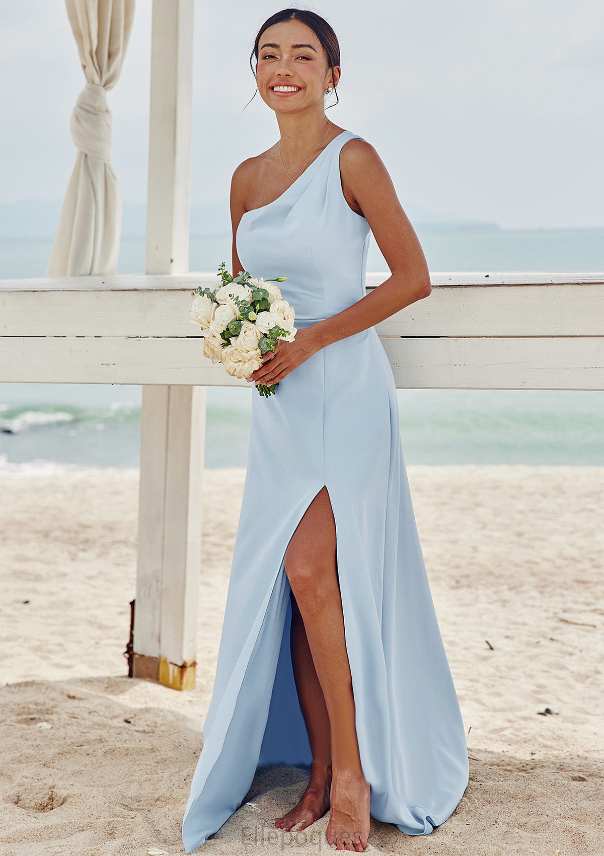 A-line One-Shoulder Sleeveless Floor-Length Stretch Crepe Bridesmaid Dresses with Pleated Split Jamiya HOP0025284