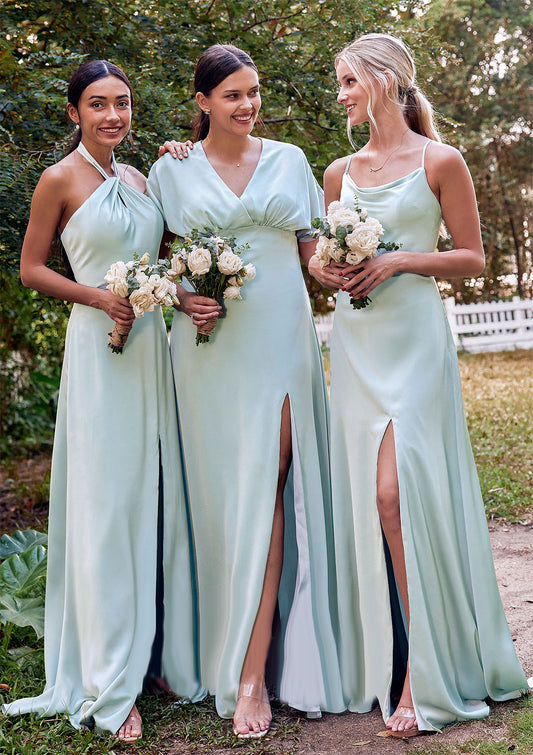 A-line Halter Sleeveless Floor-Length Stretch Satin Bridesmaid Dresses with Split Eleanor HOP0025287