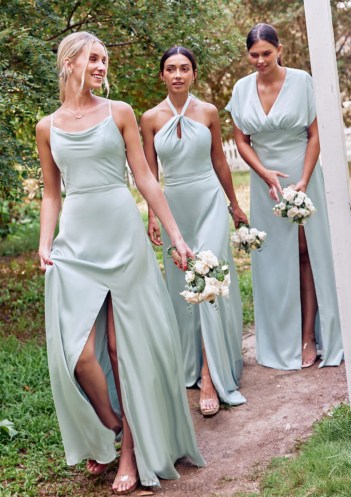 A-line Halter Sleeveless Floor-Length Stretch Satin Bridesmaid Dresses with Split Eleanor HOP0025287