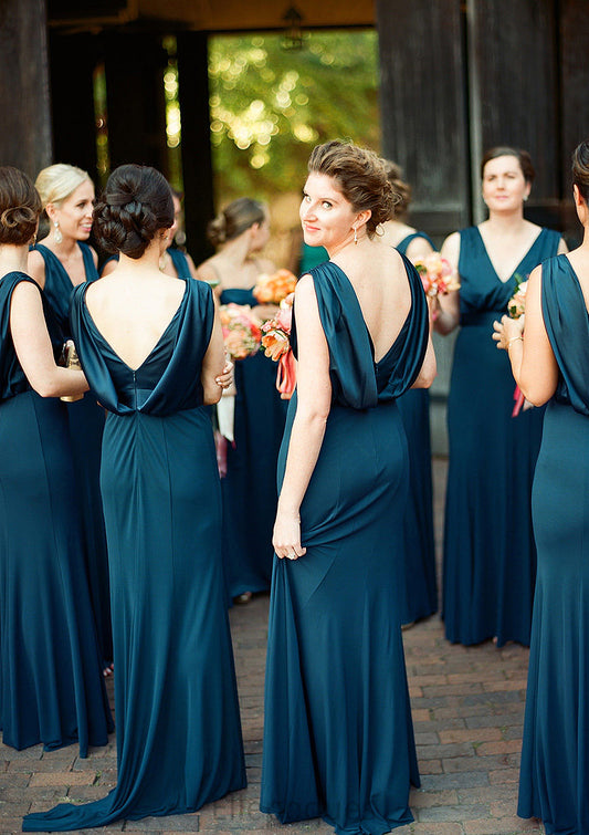 A-line V Neck Sleeveless Sweep Train Jersey Bridesmaid Dresses with Pleated Gloria HOP0025302