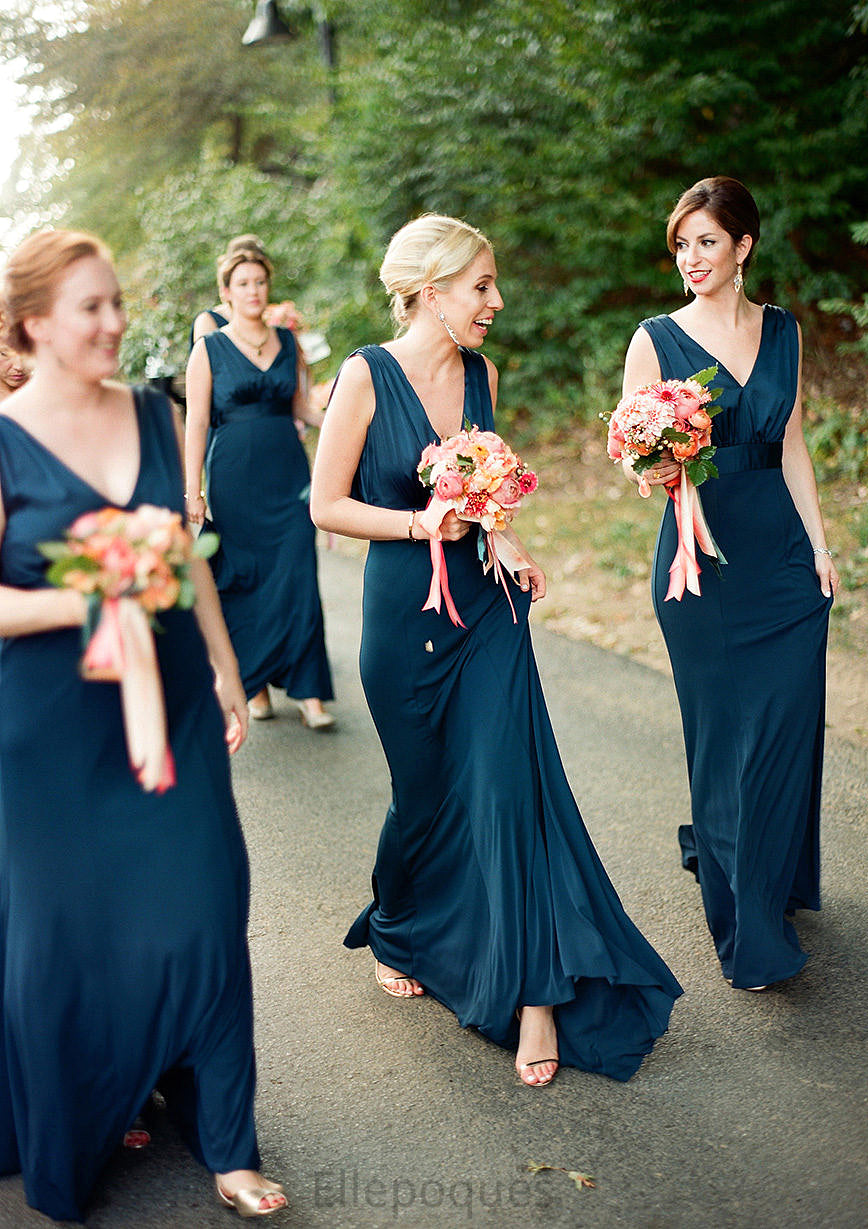 A-line V Neck Sleeveless Sweep Train Jersey Bridesmaid Dresses with Pleated Gloria HOP0025302