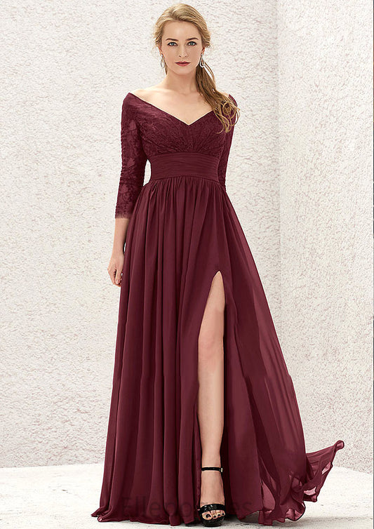 A-line V Neck Full/Long Sleeve Long/Floor-Length Chiffon Bridesmaid Dresses With Lace Split Pleated Taryn HOP0025304