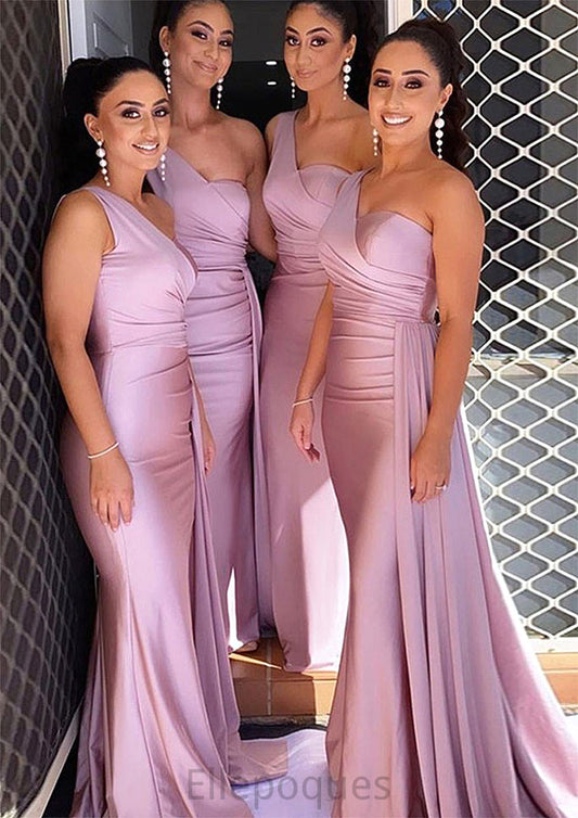 Trumpet/Mermaid One-Shoulder Sleeveless Sweep Train Jersey Bridesmaid Dresses With Pleated Side Draping Carissa HOP0025308