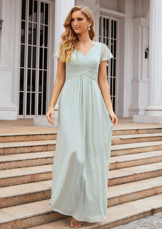 A-line V Neck Short Sleeve Long/Floor-Length Chiffon Bridesmaid Dresses With Pleated Stella HOP0025309