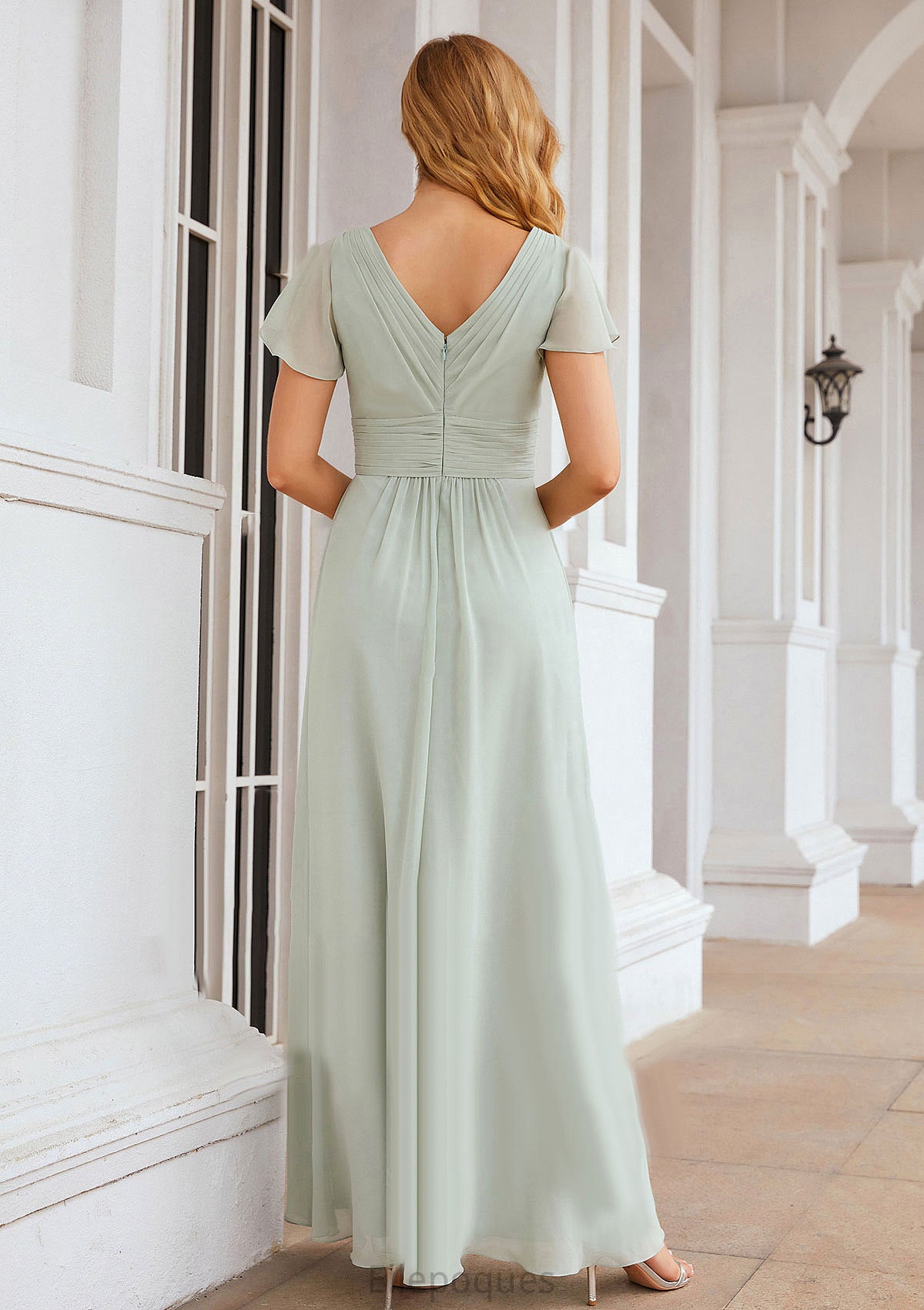 A-line V Neck Short Sleeve Long/Floor-Length Chiffon Bridesmaid Dresses With Pleated Stella HOP0025309