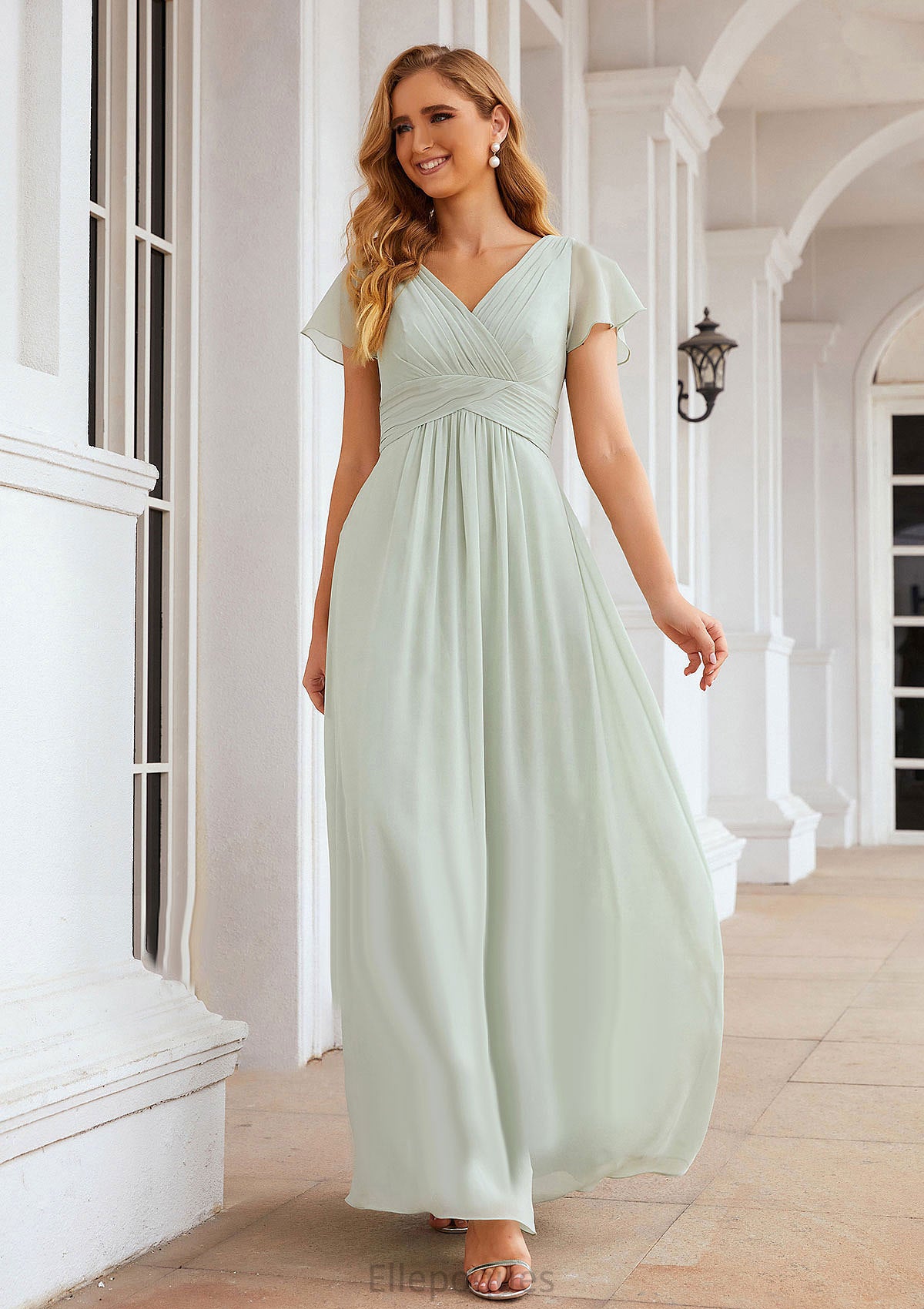 A-line V Neck Short Sleeve Long/Floor-Length Chiffon Bridesmaid Dresses With Pleated Stella HOP0025309