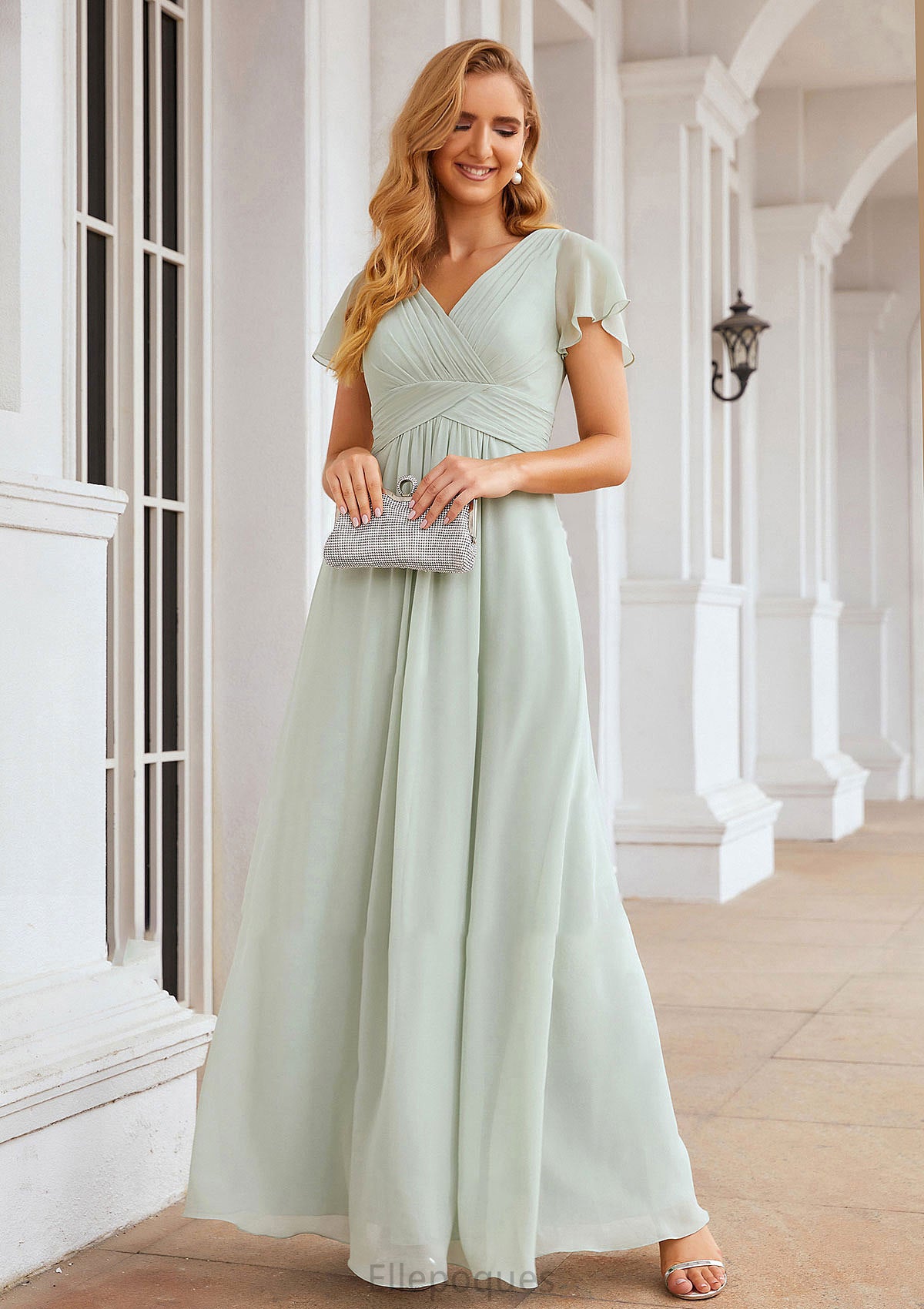 A-line V Neck Short Sleeve Long/Floor-Length Chiffon Bridesmaid Dresses With Pleated Stella HOP0025309