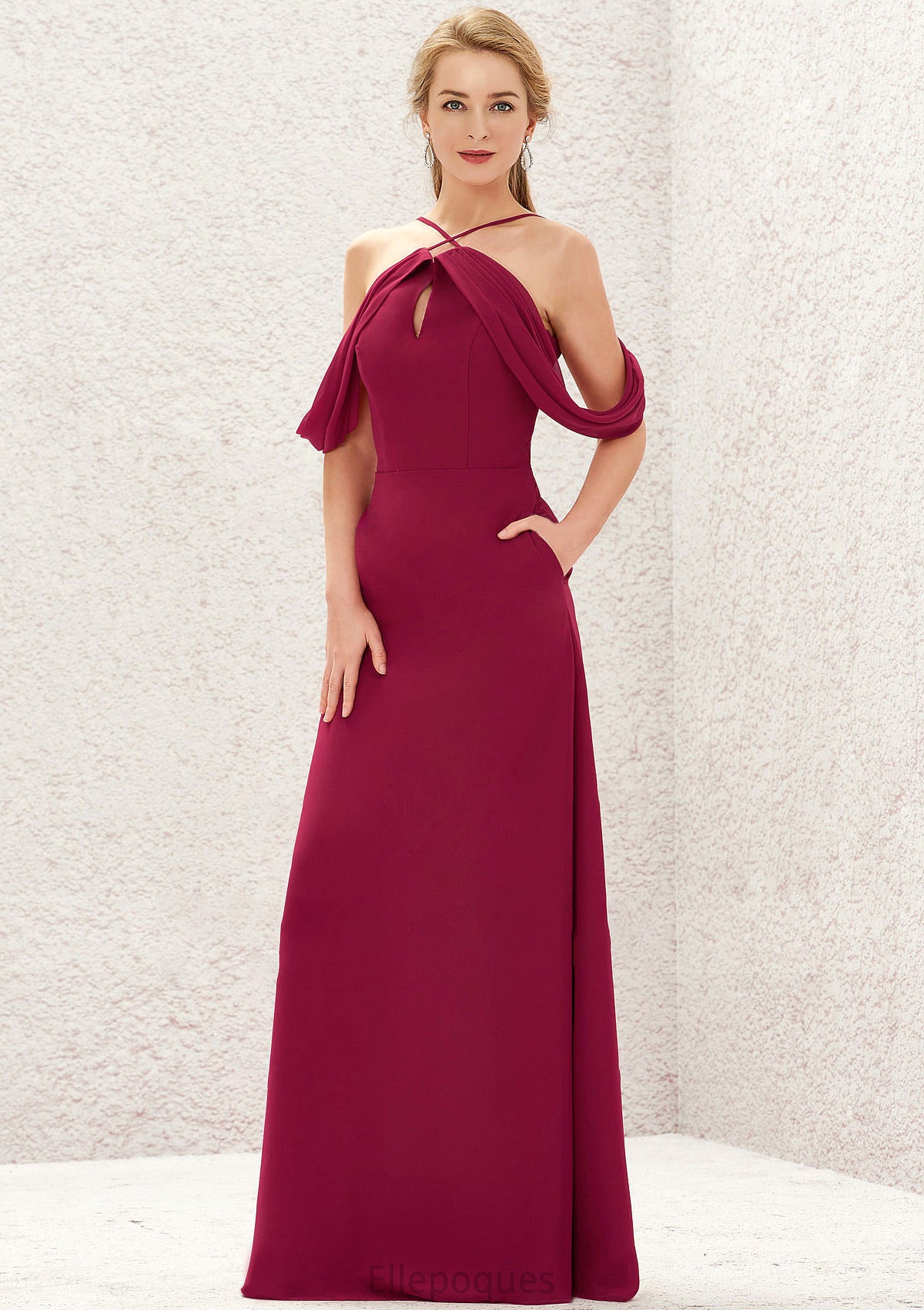 A-line Scalloped Neck Sleeveless Chiffon Long/Floor-Length Bridesmaid Dresses With Pockets Marianna HOP0025310