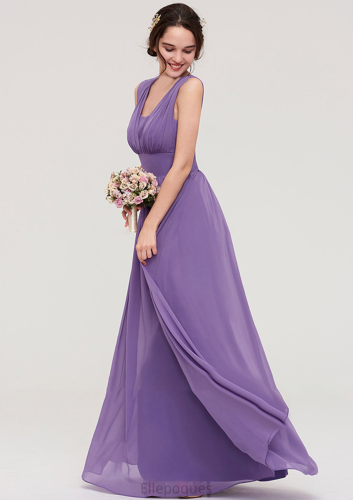 Sleeveless Scalloped Neck Chiffon Long/Floor-Length Bridesmaid Dresseses With Pleated Nathalia HOP0025314