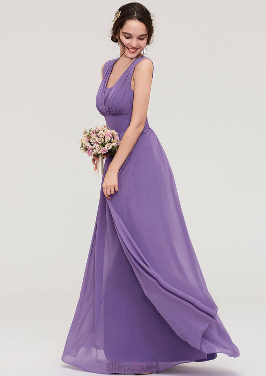 Sleeveless Scalloped Neck Chiffon Long/Floor-Length Bridesmaid Dresseses With Pleated Nathalia HOP0025314