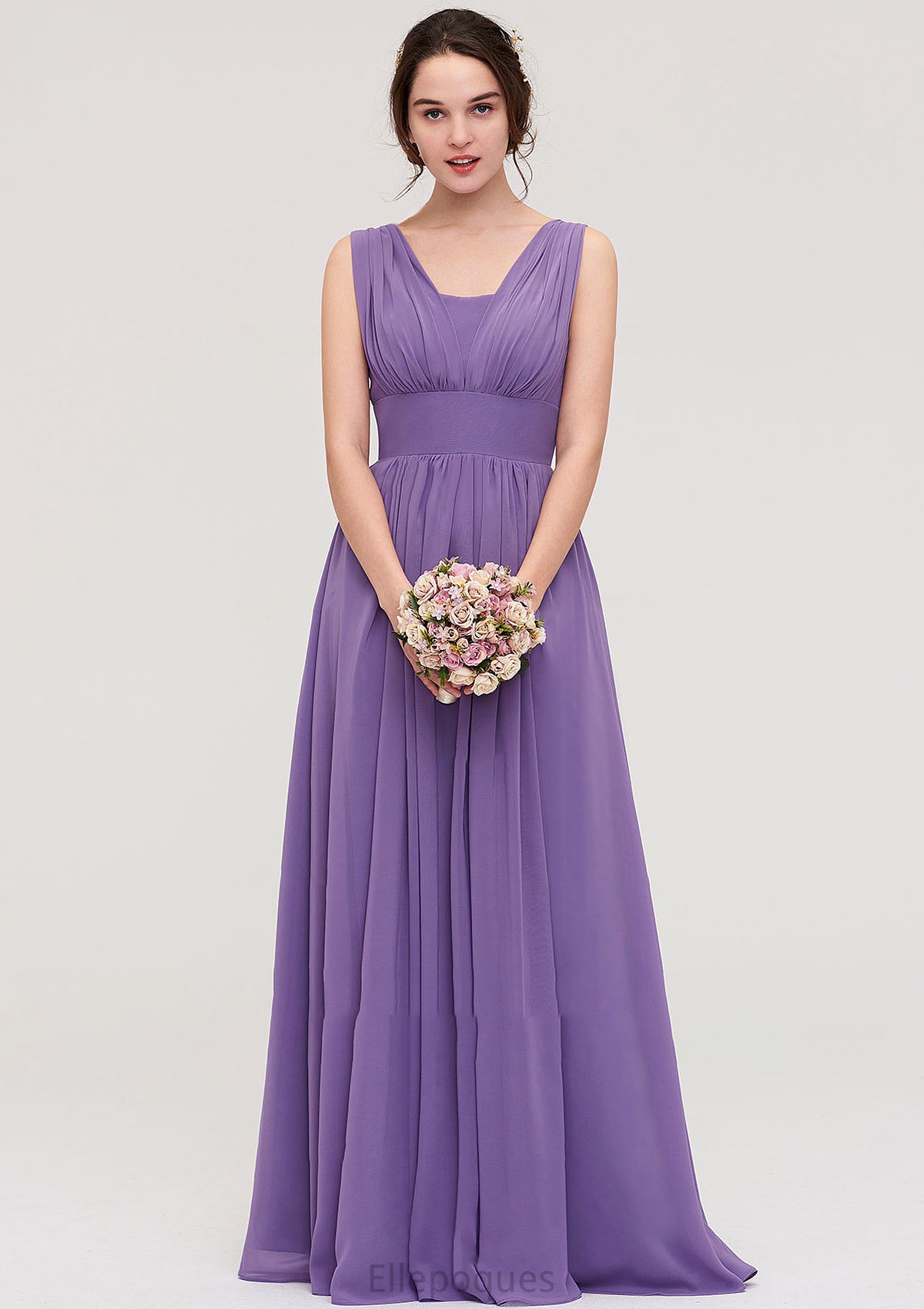 Sleeveless Scalloped Neck Chiffon Long/Floor-Length Bridesmaid Dresseses With Pleated Nathalia HOP0025314