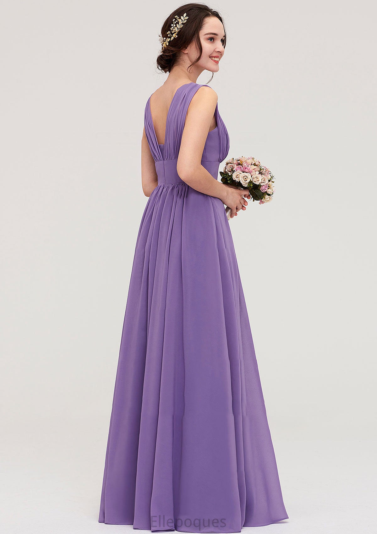 Sleeveless Scalloped Neck Chiffon Long/Floor-Length Bridesmaid Dresseses With Pleated Nathalia HOP0025314