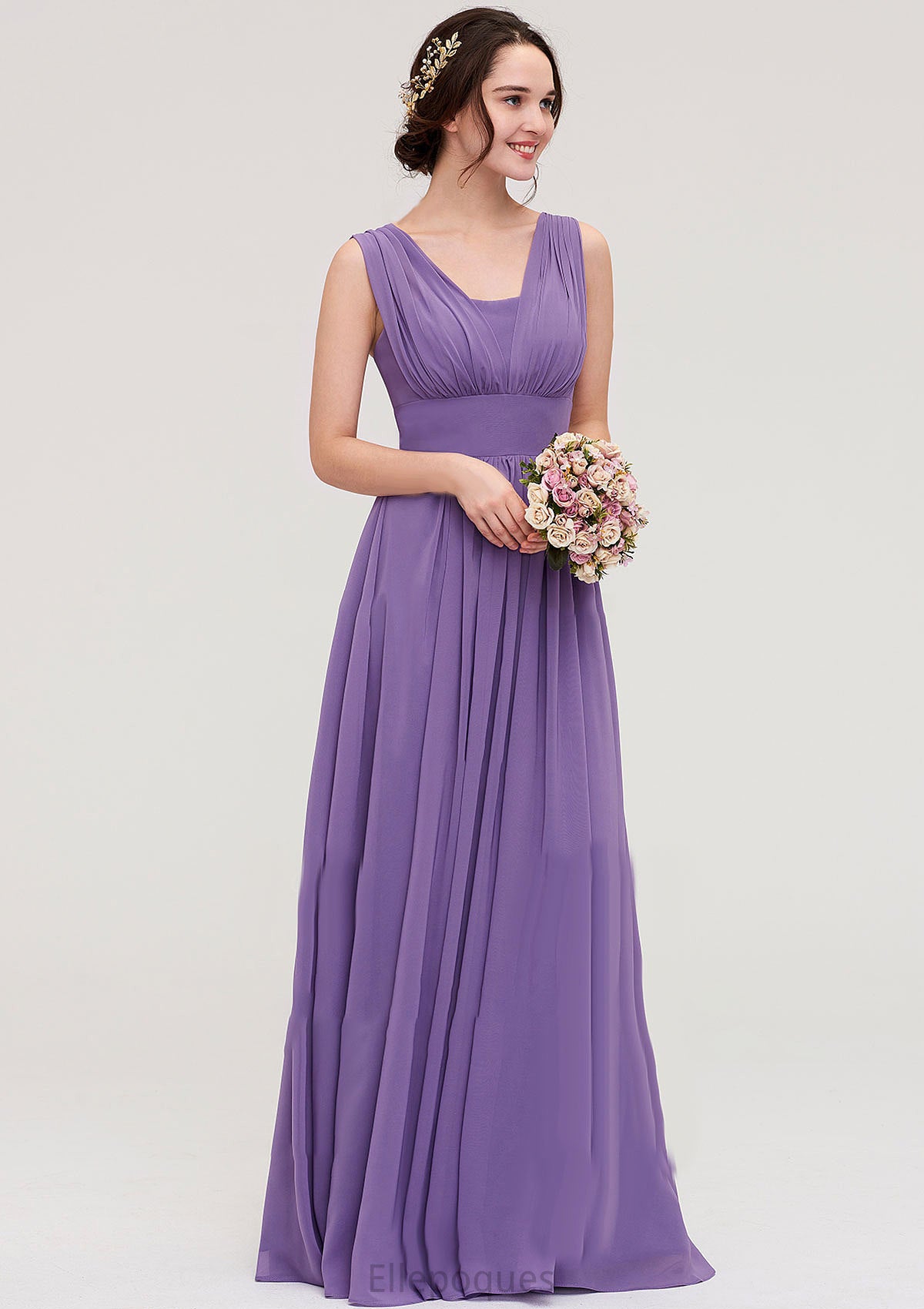 Sleeveless Scalloped Neck Chiffon Long/Floor-Length Bridesmaid Dresseses With Pleated Nathalia HOP0025314