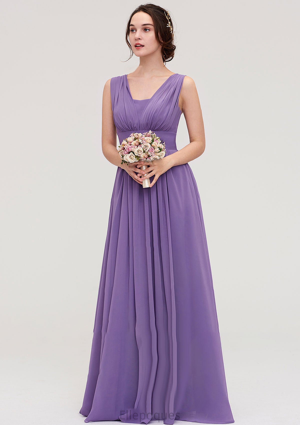 Sleeveless Scalloped Neck Chiffon Long/Floor-Length Bridesmaid Dresseses With Pleated Nathalia HOP0025314