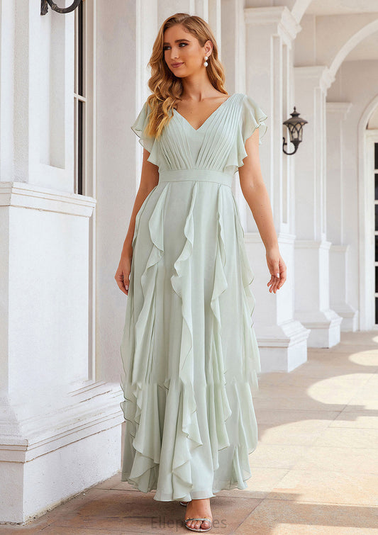 A-line V Neck Short Sleeve Long/Floor-Length Chiffon Bridesmaid Dresses With Pleated Ruffles Anabel HOP0025316