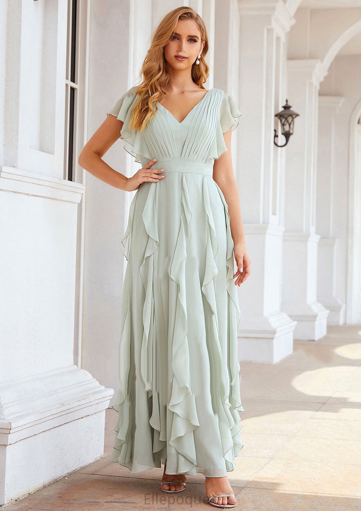A-line V Neck Short Sleeve Long/Floor-Length Chiffon Bridesmaid Dresses With Pleated Ruffles Anabel HOP0025316