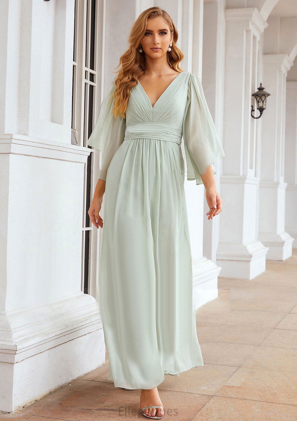 Sheath/Column V Neck 3/4 Sleeve Long/Floor-Length Chiffon Bridesmaid Dresses With Pleated Donna HOP0025318