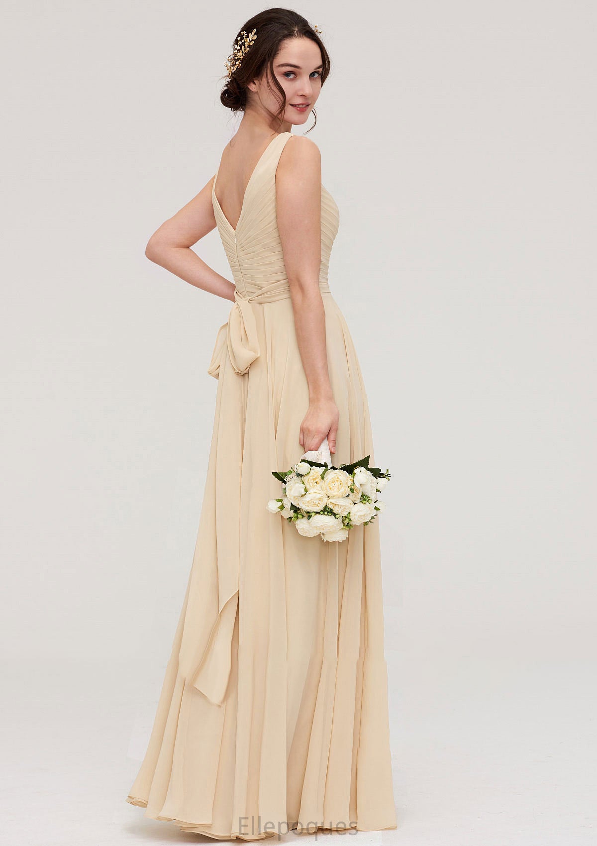 A-line/Princess V Neck Long/Floor-Length A-line/Princess Chiffon Bridesmaid Dresses With Sashes Pleated Hedwig HOP0025322