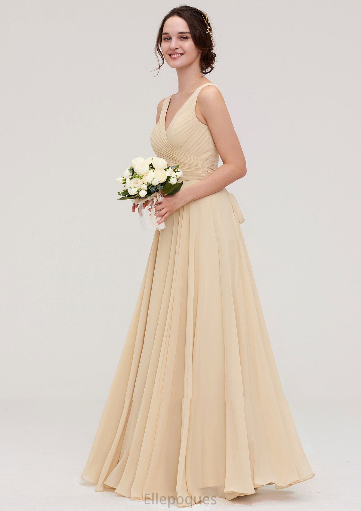 A-line/Princess V Neck Long/Floor-Length A-line/Princess Chiffon Bridesmaid Dresses With Sashes Pleated Hedwig HOP0025322