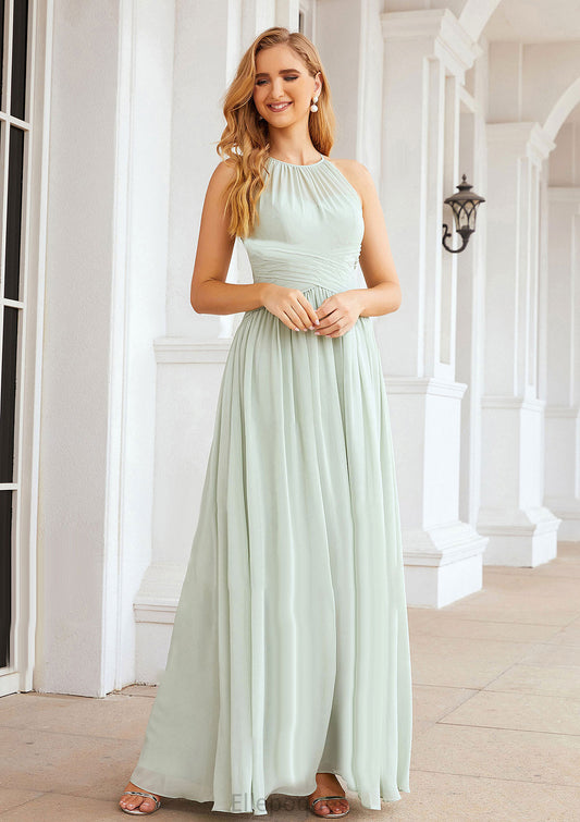 A-line Halter Sleeveless Long/Floor-Length Chiffon Bridesmaid Dresses With Pleated Rhoda HOP0025325