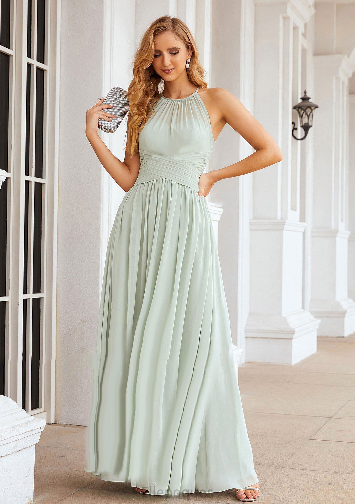 A-line Halter Sleeveless Long/Floor-Length Chiffon Bridesmaid Dresses With Pleated Rhoda HOP0025325