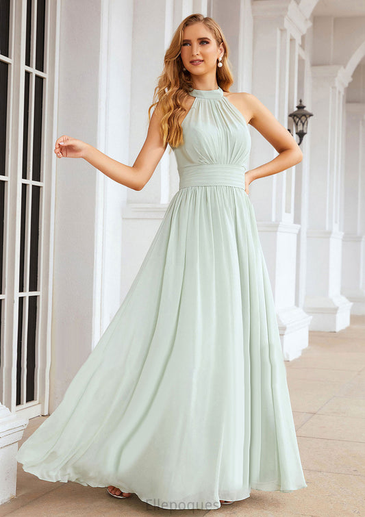 A-line High-Neck Sleeveless Long/Floor-Length Chiffon Bridesmaid Dresses With Pleated Skye HOP0025326
