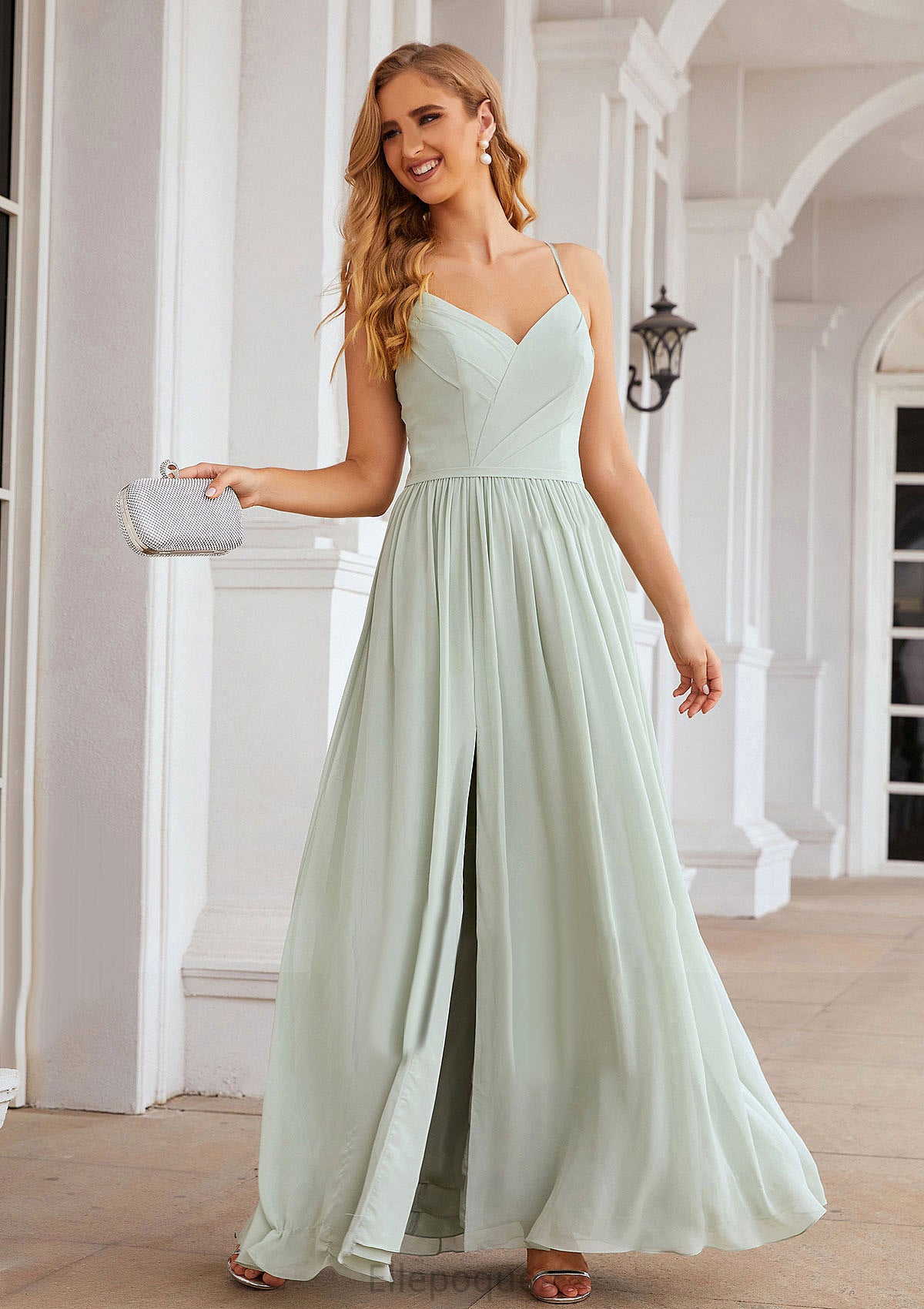 A-line V Neck Sleeveless Long/Floor-Length Chiffon Bridesmaid Dresses With Pleated Split Maggie HOP0025327