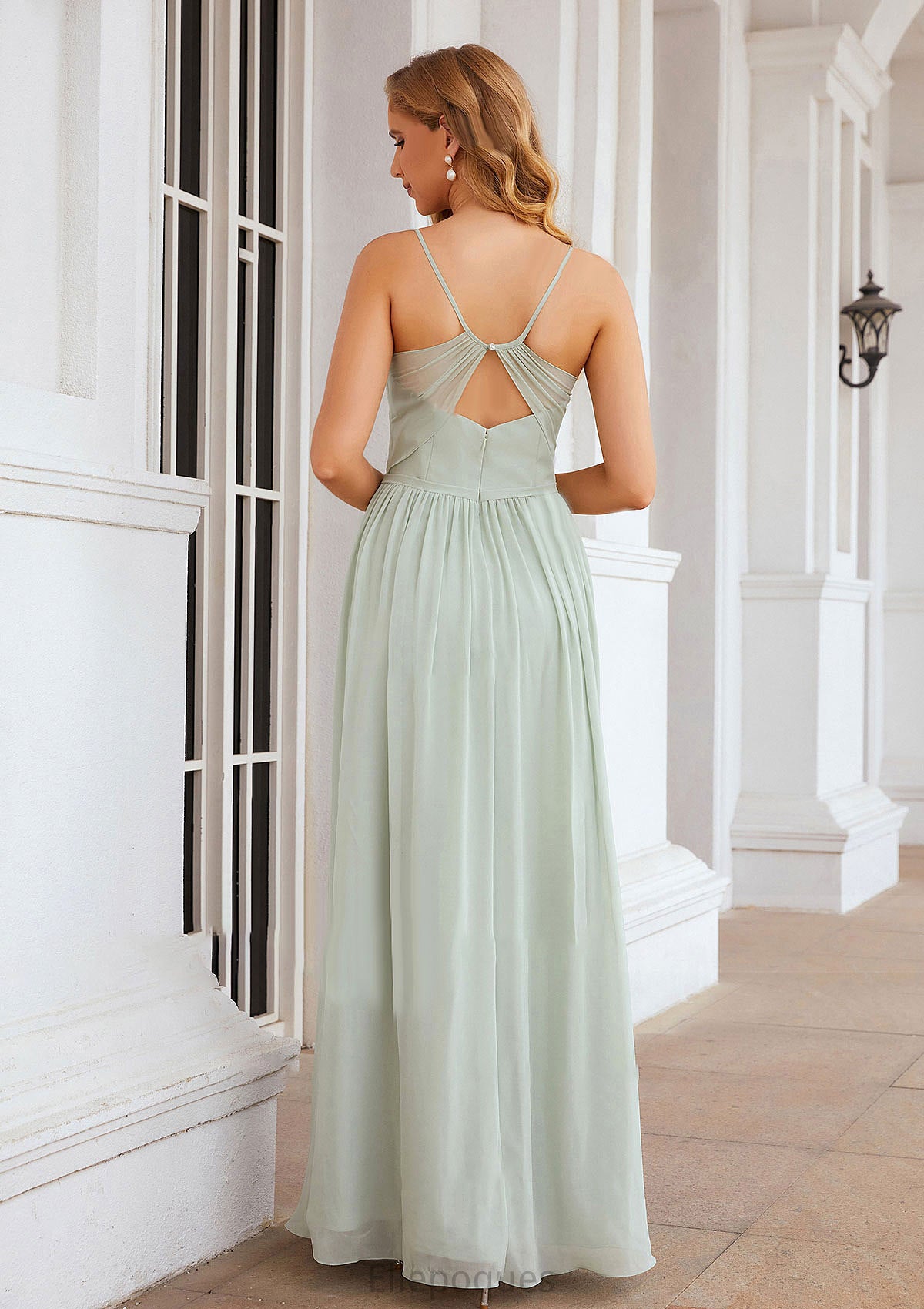 A-line V Neck Sleeveless Long/Floor-Length Chiffon Bridesmaid Dresses With Pleated Split Maggie HOP0025327