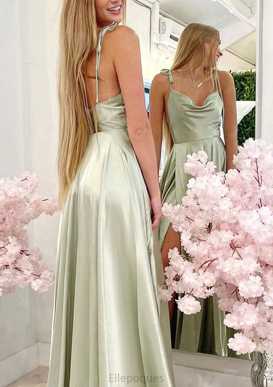 A-line Cowl Neck Spaghetti Straps Long/Floor-Length Charmeuse Bridesmaid Dresses With Split Bryanna HOP0025330