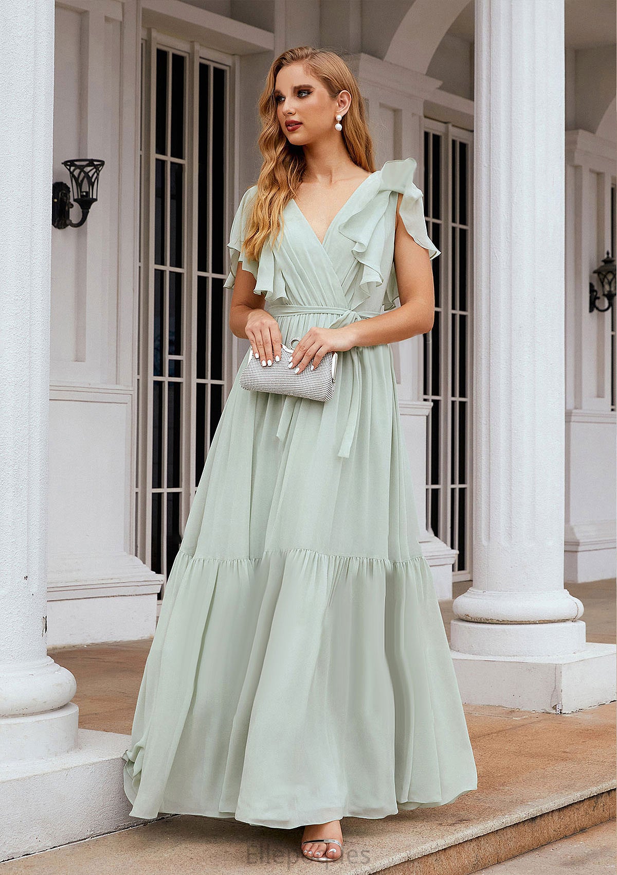 A-line V Neck Short Sleeve Chiffon Long/Floor-Length Bridesmaid Dresses With Pleated Neveah HOP0025331