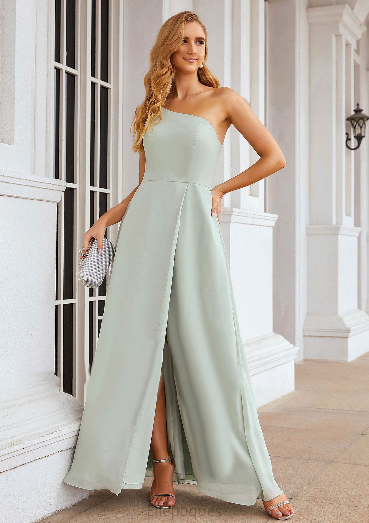 A-line One-Shoulder Sleeveless Long/Floor-Length Chiffon Bridesmaid Dresses With Split Esperanza HOP0025333