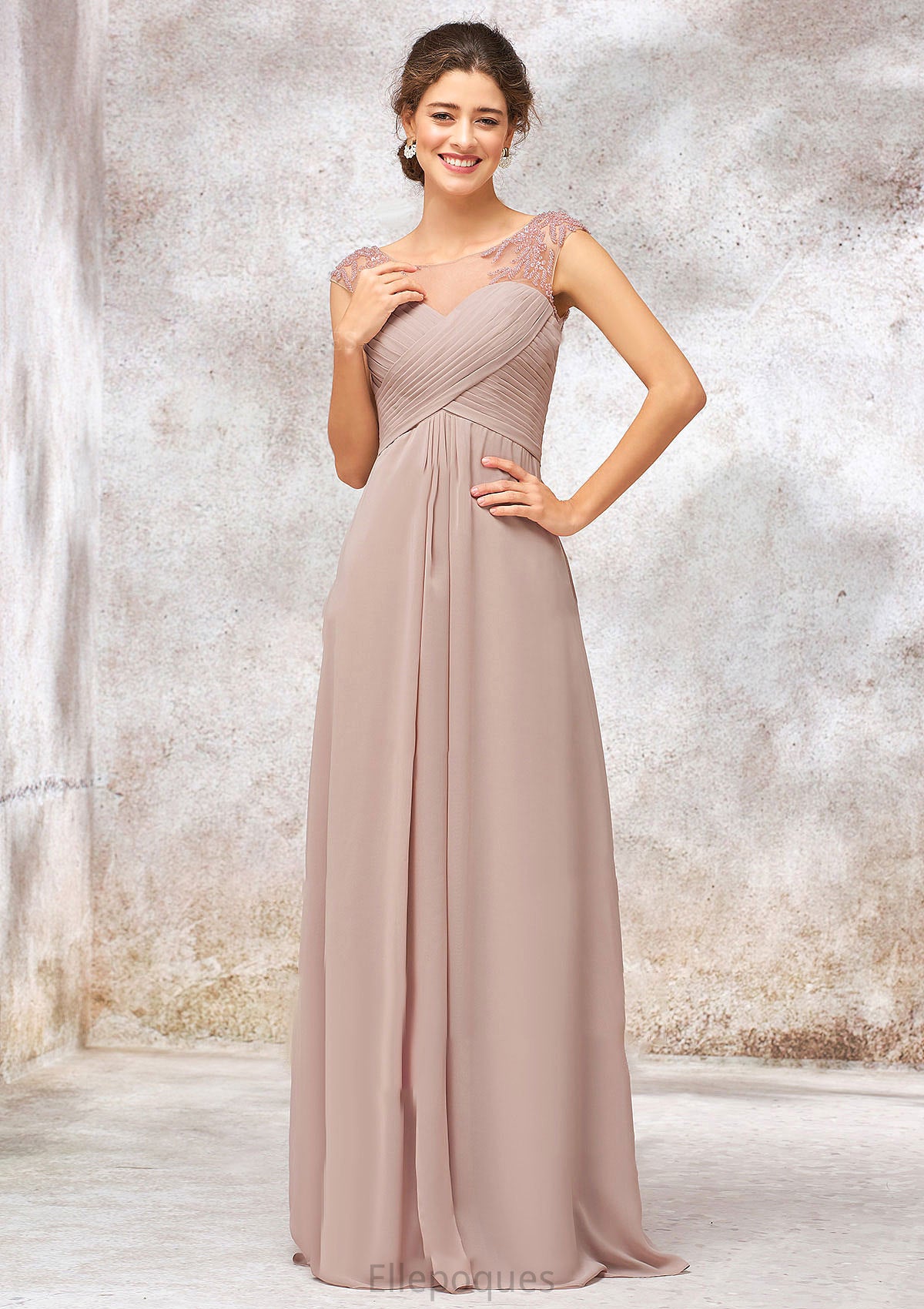 Illusion Neck Long/Floor-Length Chiffon A-line/Princess Bridesmaid Dresses  With Sequins Pleated Beading Shyanne HOP0025334