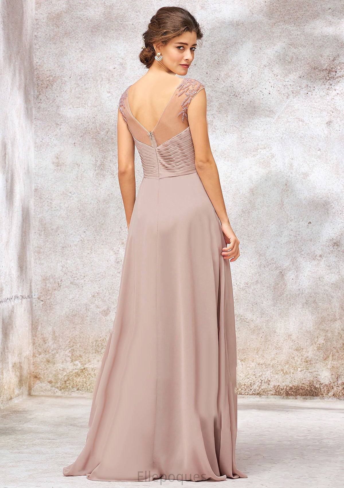 Illusion Neck Long/Floor-Length Chiffon A-line/Princess Bridesmaid Dresses  With Sequins Pleated Beading Shyanne HOP0025334