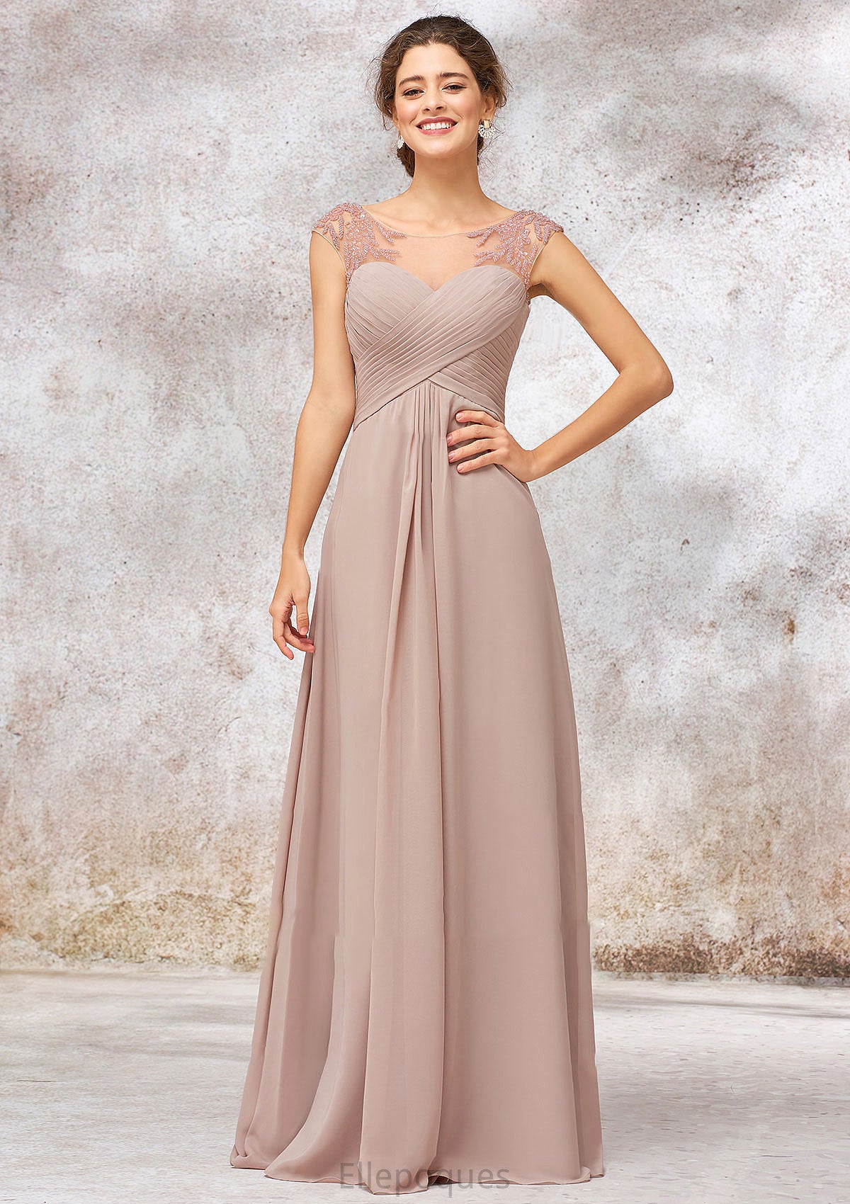 Illusion Neck Long/Floor-Length Chiffon A-line/Princess Bridesmaid Dresses  With Sequins Pleated Beading Shyanne HOP0025334