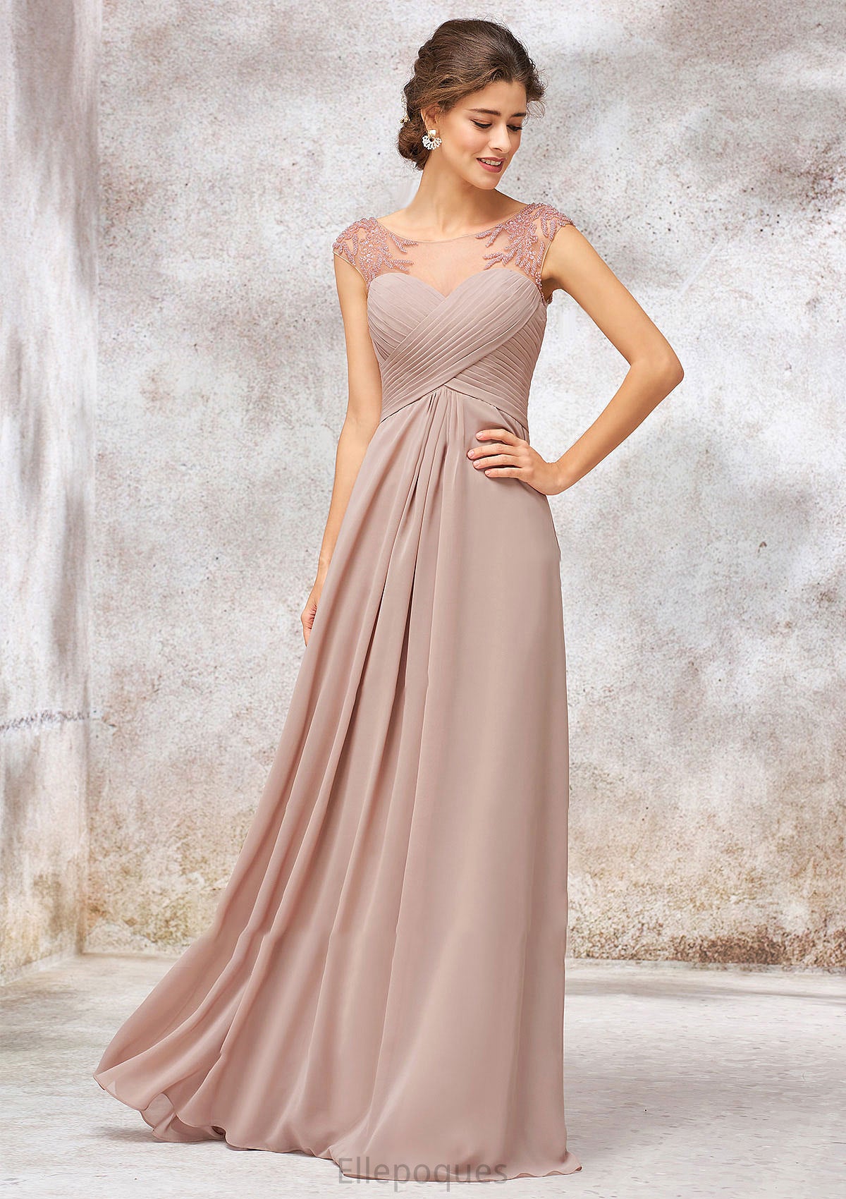 Illusion Neck Long/Floor-Length Chiffon A-line/Princess Bridesmaid Dresses  With Sequins Pleated Beading Shyanne HOP0025334