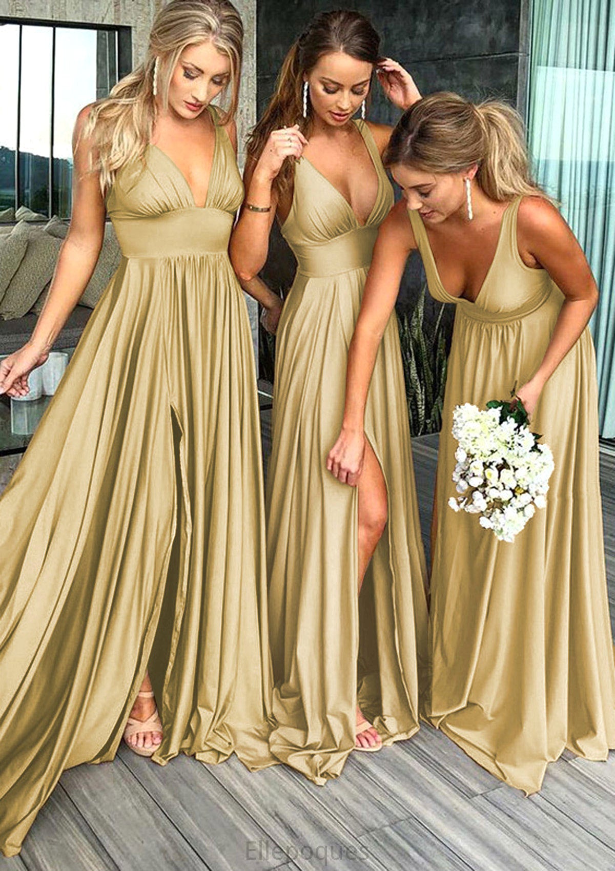 A-Line/Princess V-Neck Sweep Train Jersey Bridesmaid Dresses With Split Front Pleated Waistband Mignon HOP0025336