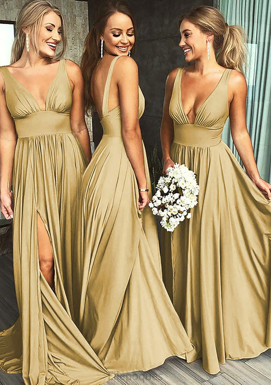 A-Line/Princess V-Neck Sweep Train Jersey Bridesmaid Dresses With Split Front Pleated Waistband Mignon HOP0025336