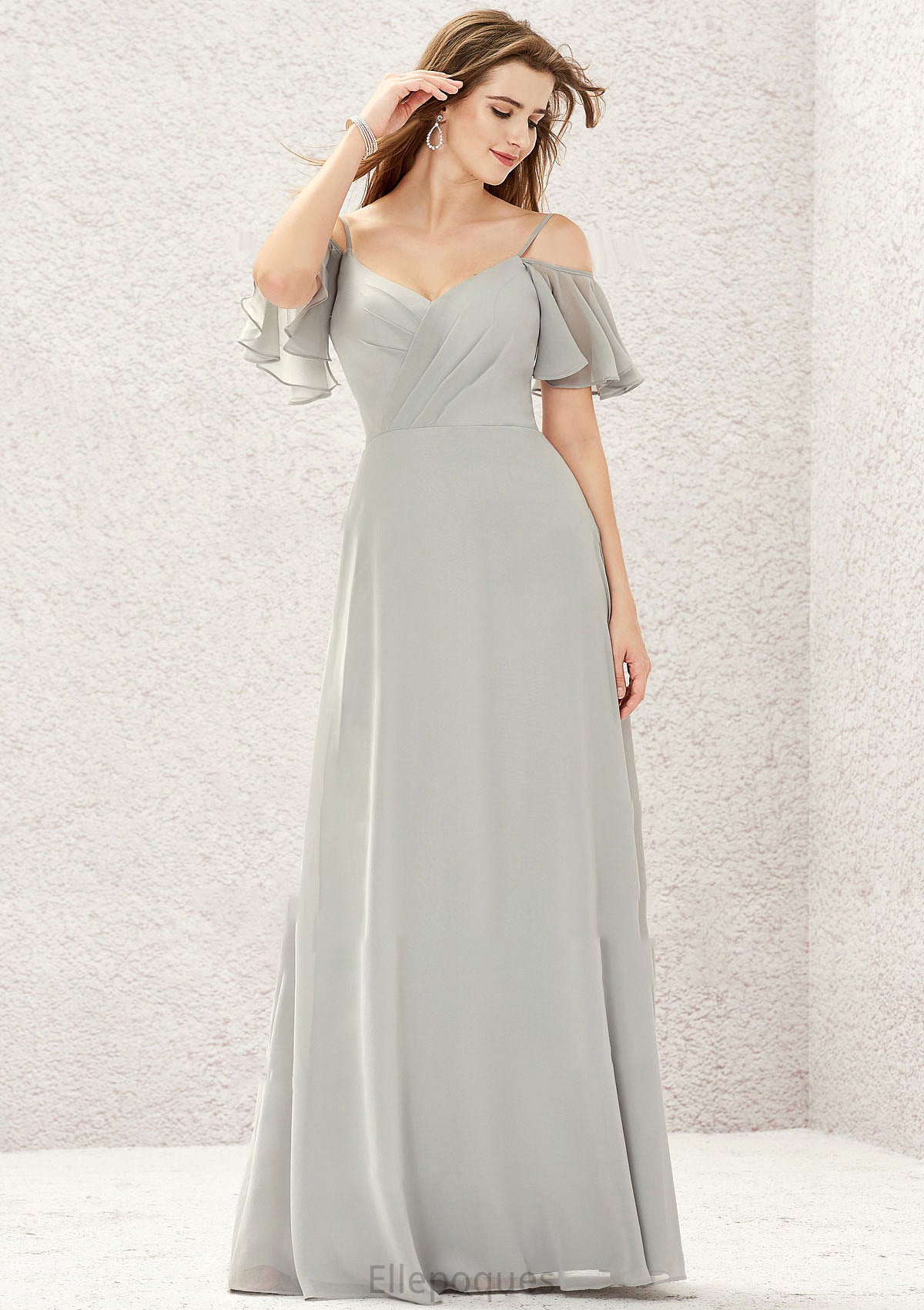 A-line Sweetheart Short Sleeve Long/Floor-Length Chiffon Bridesmaid Dresses With Pleated Francesca HOP0025338