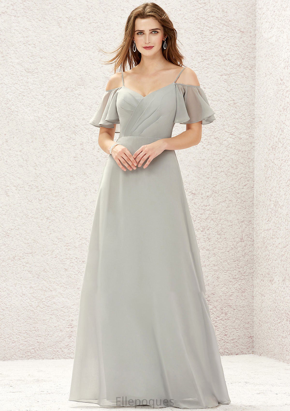 A-line Sweetheart Short Sleeve Long/Floor-Length Chiffon Bridesmaid Dresses With Pleated Francesca HOP0025338