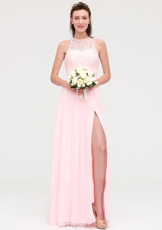 Sleeveless Scoop Neck Chiffon A-line/Princess Long/Floor-Length Bridesmaid Dresseses With Split Lace Shyanne HOP0025349