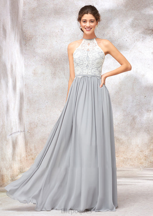 Scoop Neck A-line/Princess Sleeveless Chiffon Long/Floor-Length Bridesmaid Dresses With Lace Diamond HOP0025350