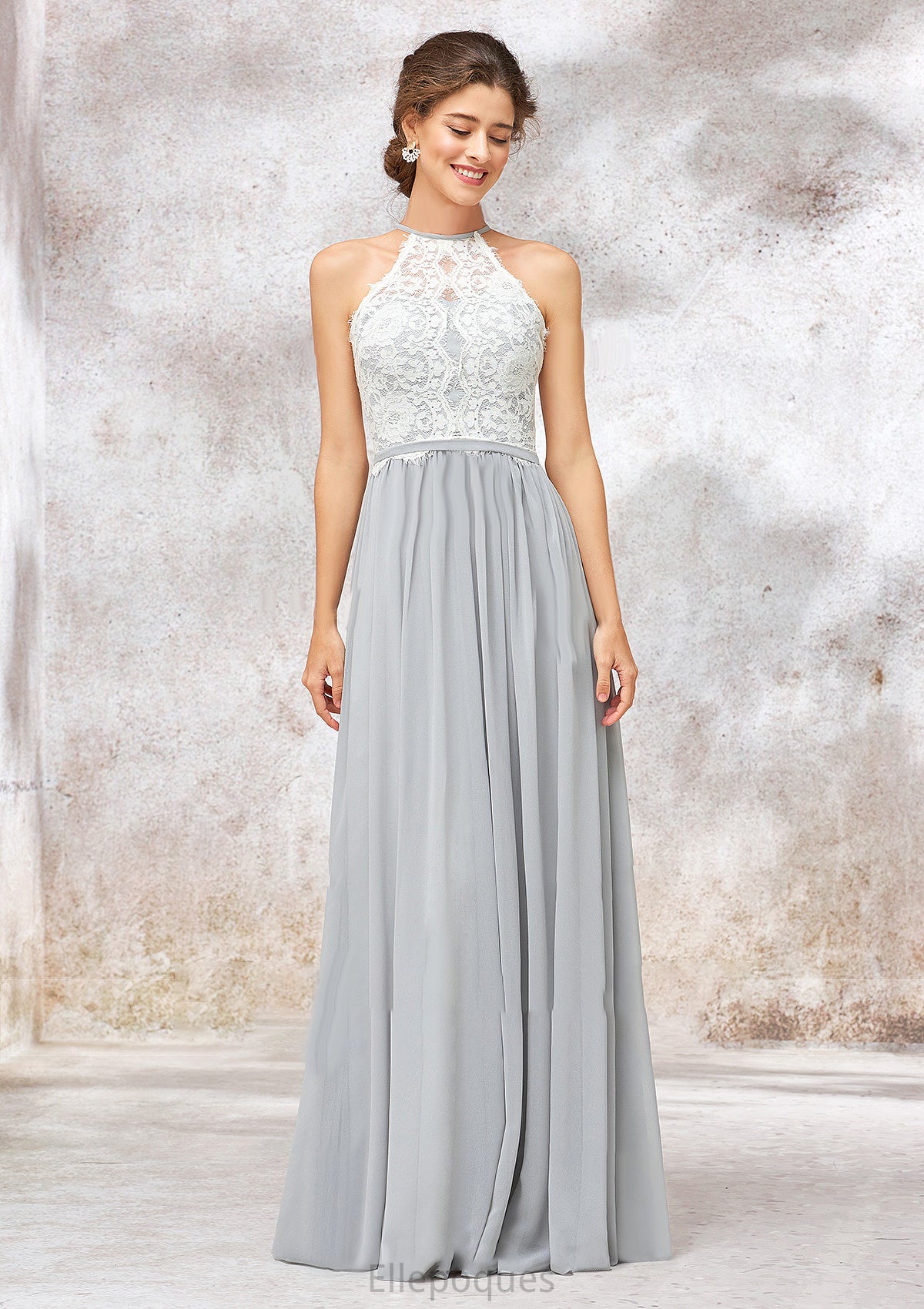 Scoop Neck A-line/Princess Sleeveless Chiffon Long/Floor-Length Bridesmaid Dresses With Lace Diamond HOP0025350