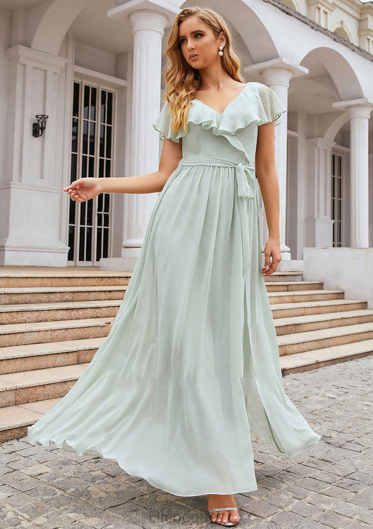 A-line V Neck Short Sleeve Long/Floor-Length Chiffon Bridesmaid Dresses With Sashes Ruffles Alisa HOP0025352