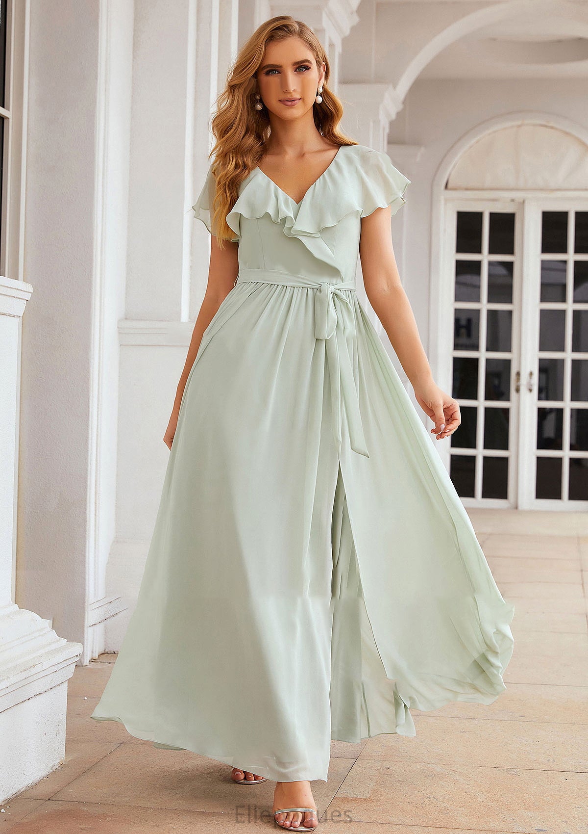 A-line V Neck Short Sleeve Long/Floor-Length Chiffon Bridesmaid Dresses With Sashes Ruffles Alisa HOP0025352