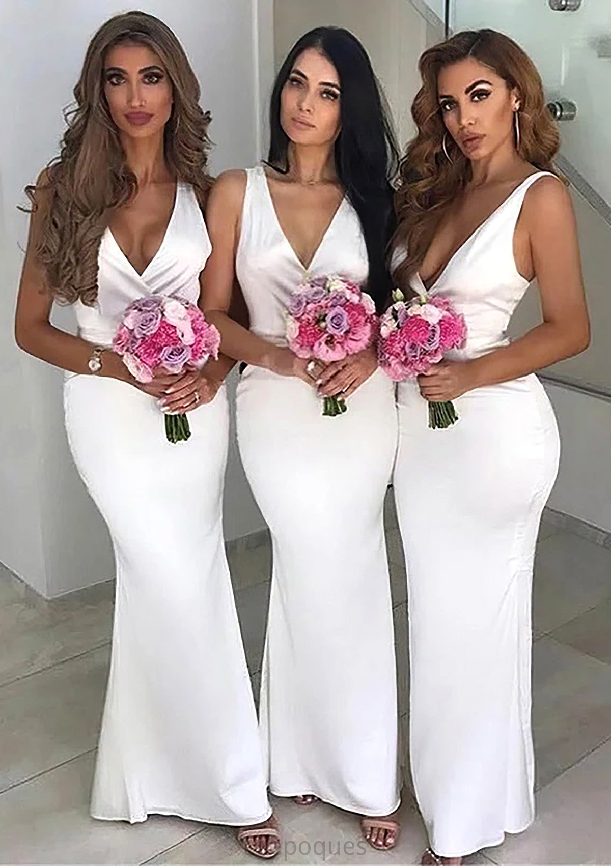 Sheath/Column V Neck Sleeveless Long/Floor-Length Satin Bridesmaid Dresses With Pleated Mayra HOP0025354
