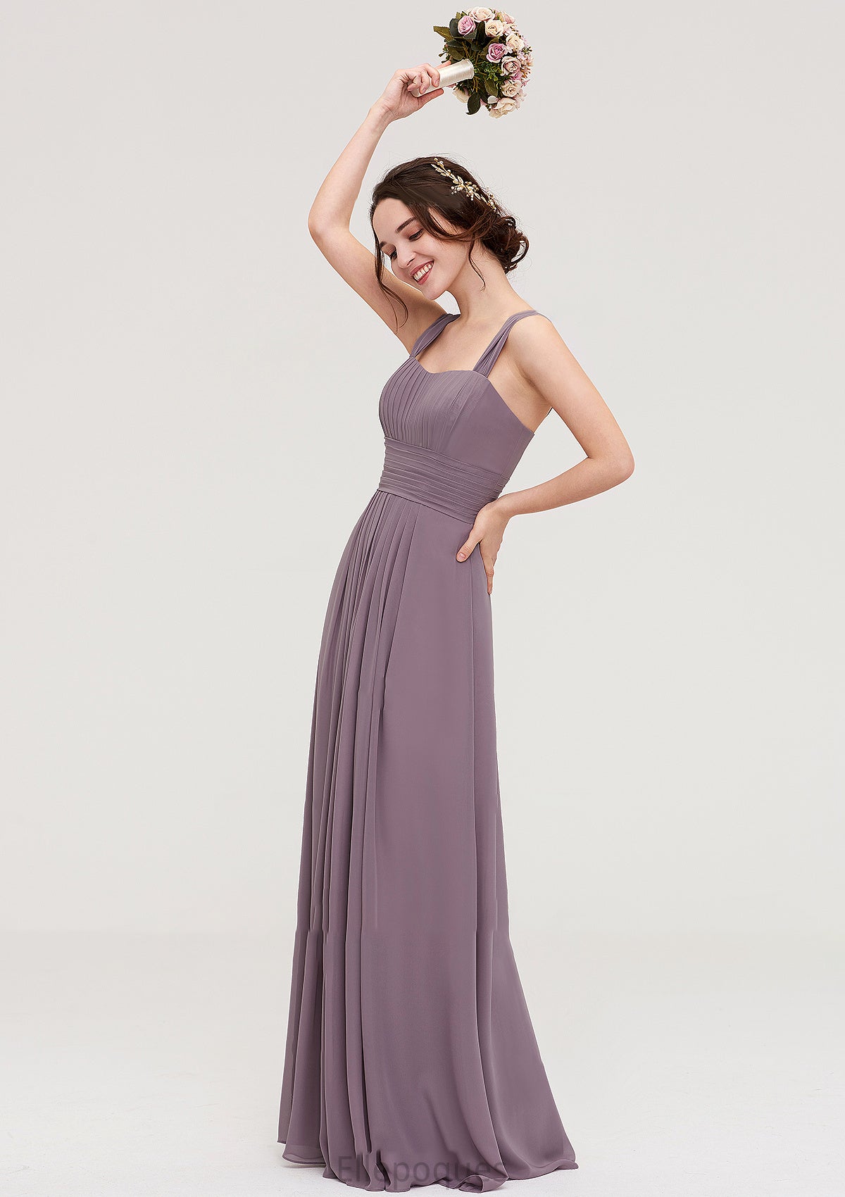Square Neckline Sleeveless Chiffon Long/Floor-Length A-line/Princess Bridesmaid Dresses With Pleated Kayden HOP0025356