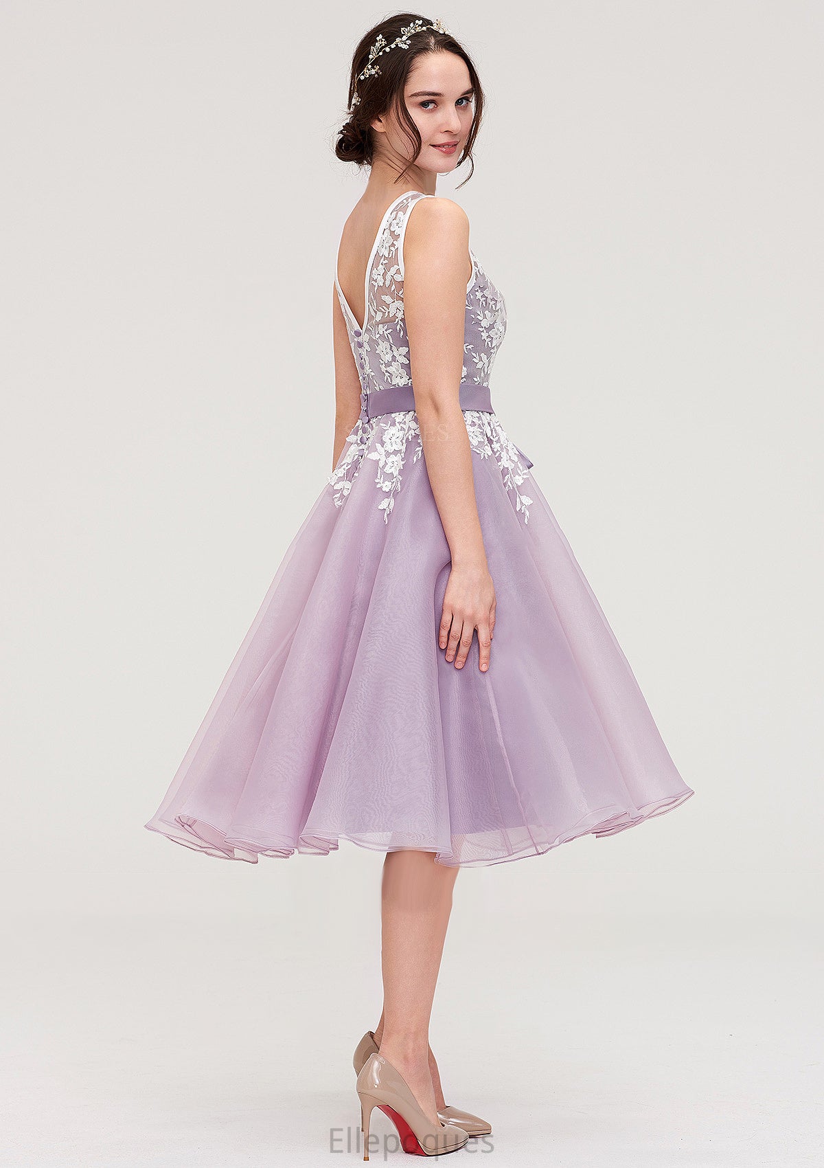 Bateau Sleeveless Organza Knee-Length A-line/Princess Bridesmaid Dresses With Sashes Lace Raina HOP0025358