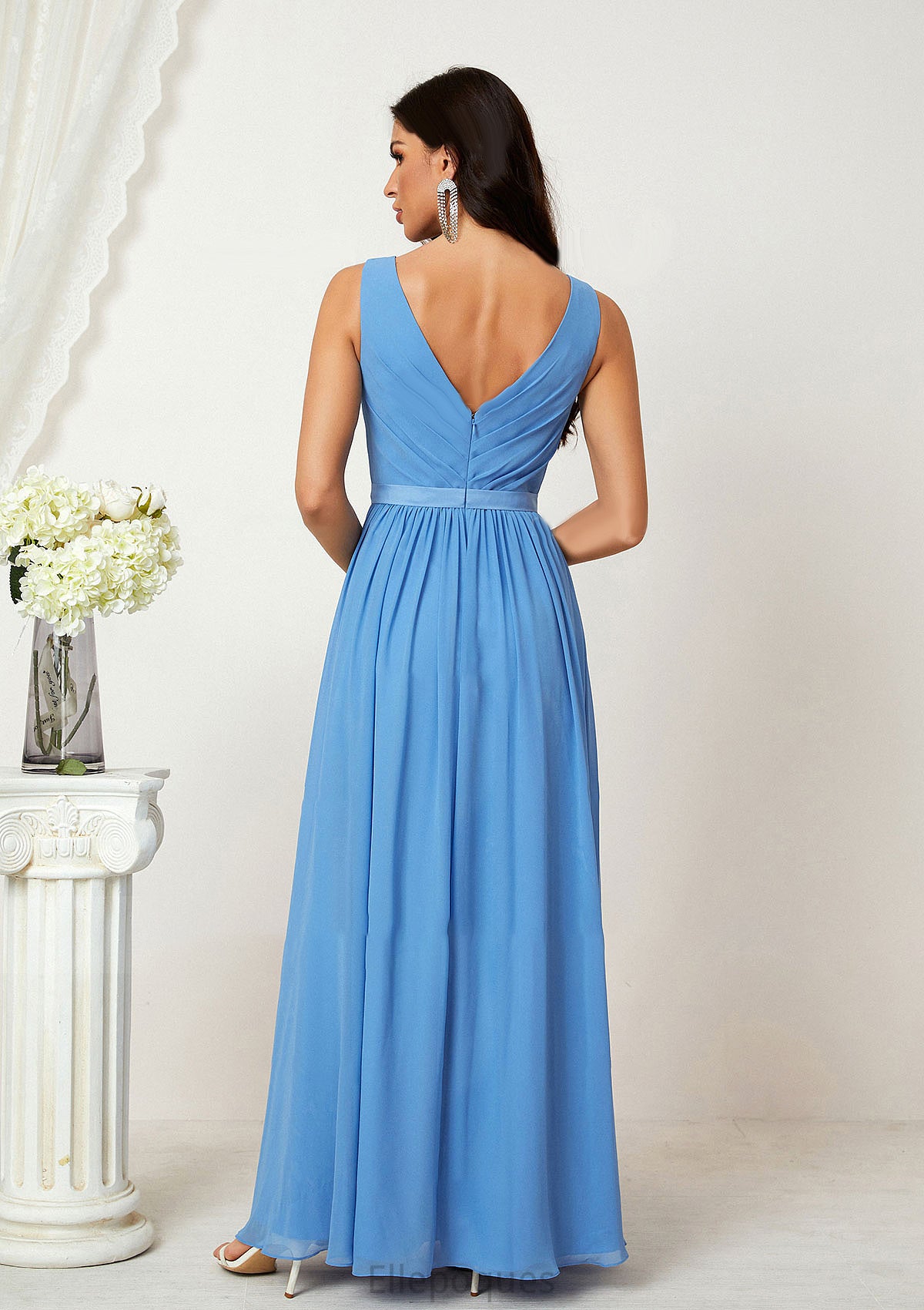 A-line V Neck Sleeveless Chiffon Long/Floor-Length Bridesmaid Dresses With Pleated Katelyn HOP0025360